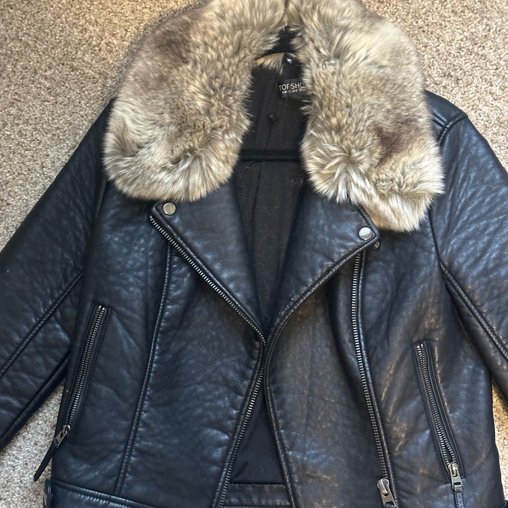 Topshop Black Leather Jacket with Fur Collar and Moto Style